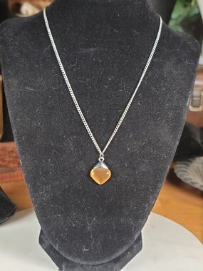 Amber Cat's Eye Pendant Necklace Set- Silver Chain